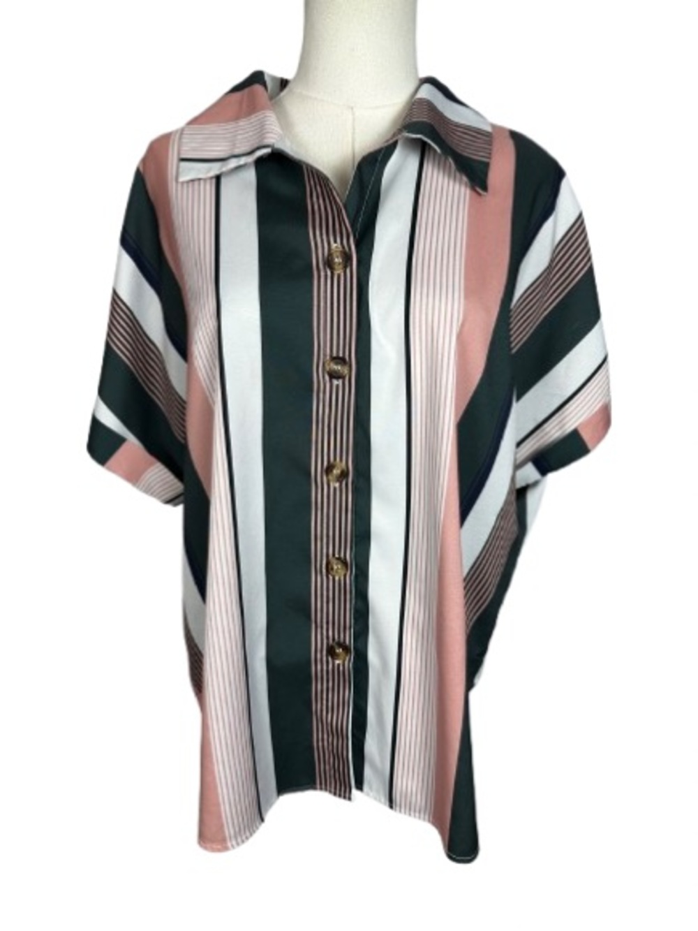 SHEIN Striped Short-Sleeve Button-Down Top in Pink, Black & White